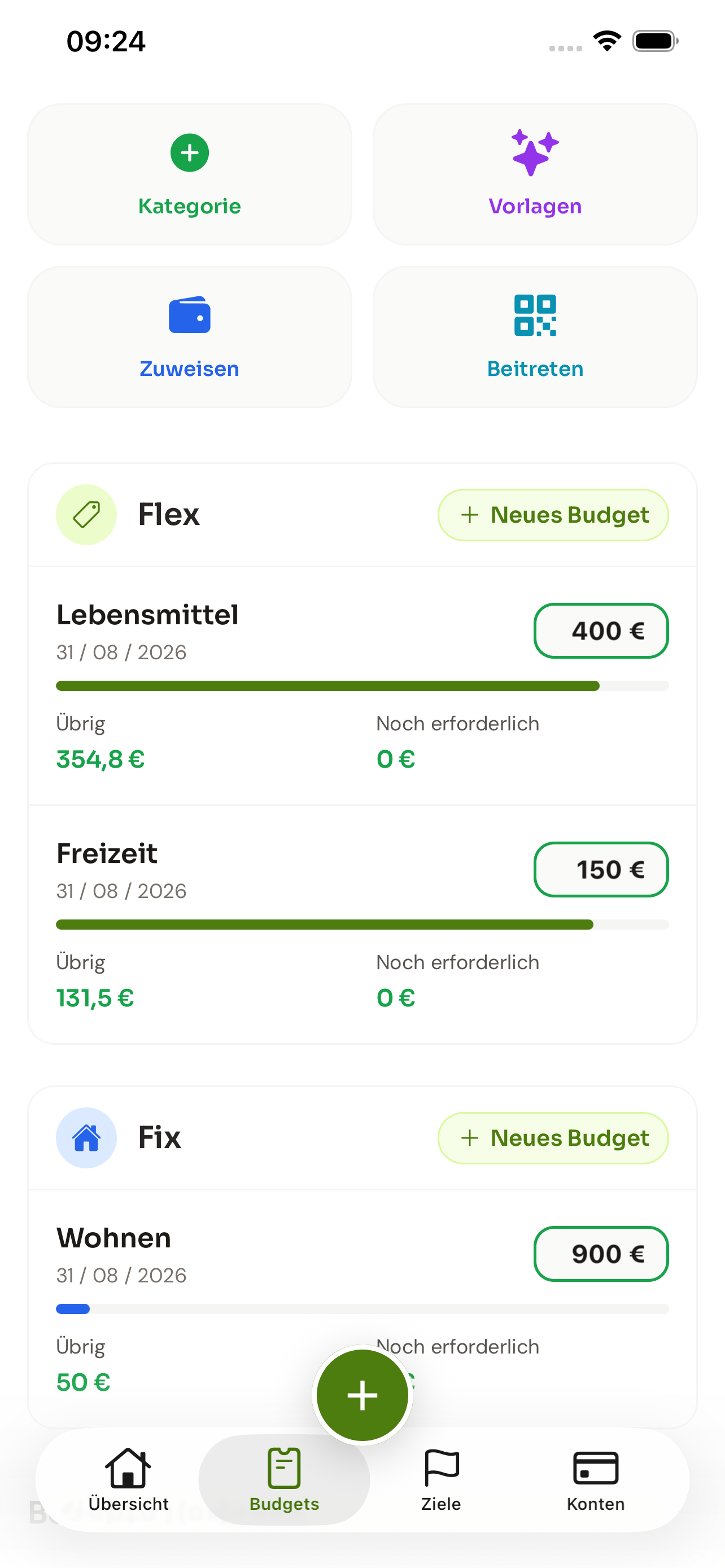 Plance Budgetkategorien mit Beträgen und Fortschrittsbalken