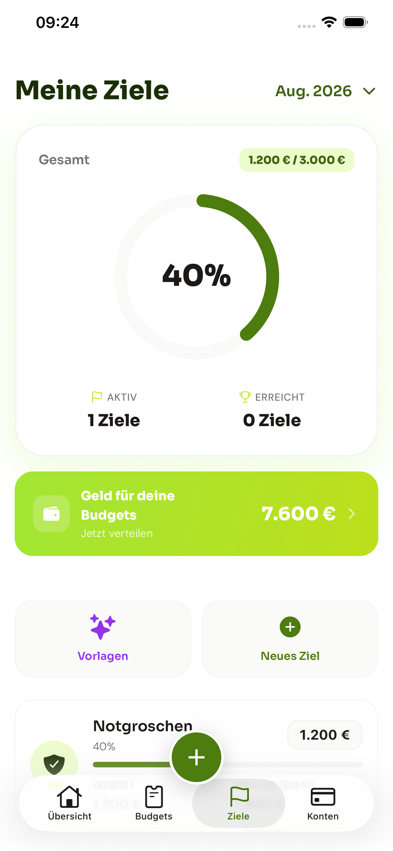 Plance Zieleansicht mit Sparfortschritt für einen Notgroschen