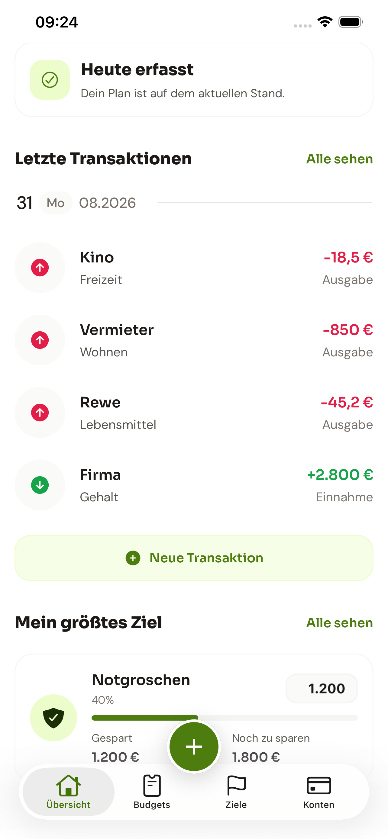 Plance Übersicht mit letzten Transaktionen und Sparziel